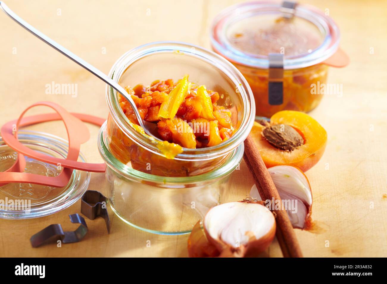 Pumpkin and apricot chutney with shallots and cinnamon Stock Photo