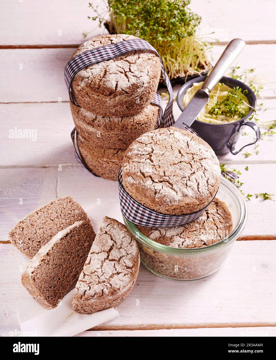 Baked yeast bread with buckwheat and popped amaranth in a glass Stock