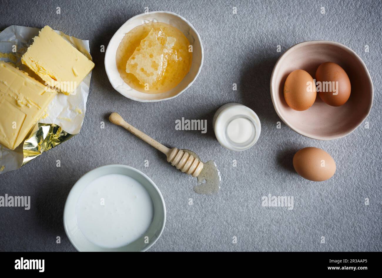 Butter, honey, eggs and milk Stock Photo Alamy