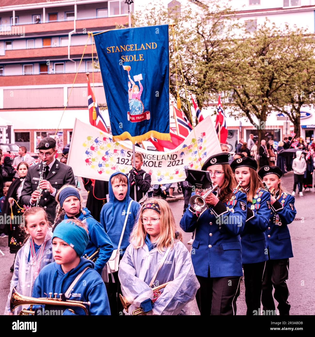 Sandnes, Norway, May 17 2023, Procession Of Marching Bands Playing Musical Instruments Norwegian National Day Celebrations Stock Photo