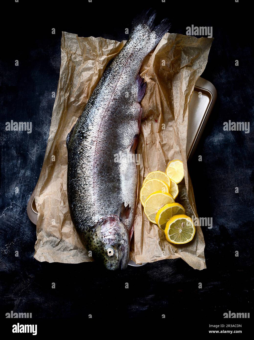 Whole fresh salmon trout on black background Stock Photo - Alamy