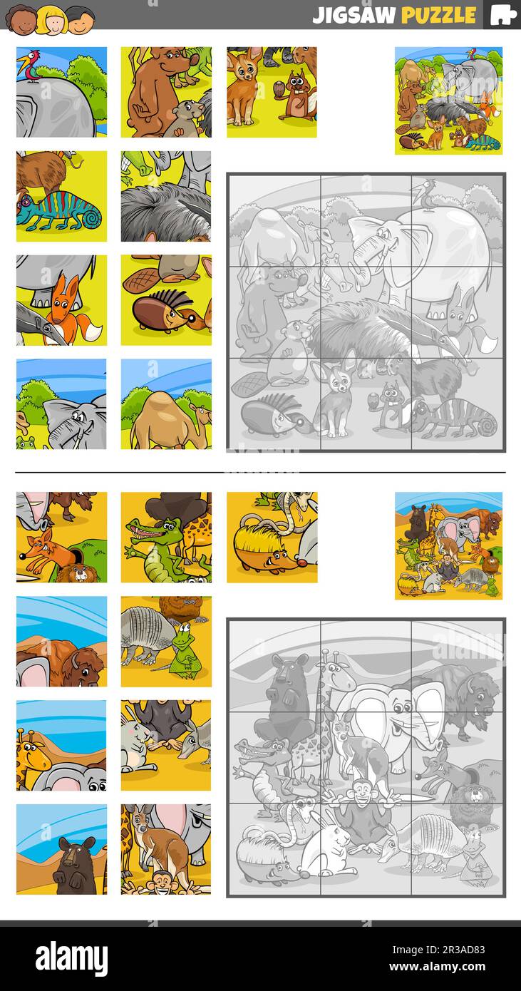 Cartoon illustration of educational jigsaw puzzle activities set with ...