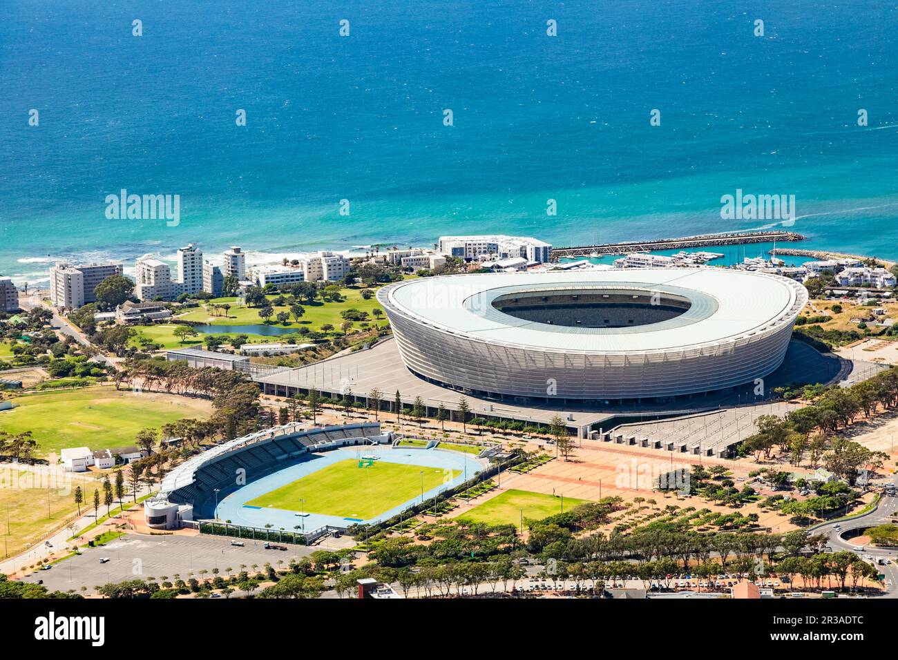 Elevated view of Green Point coastal suburb and Sports Stadium in Cape