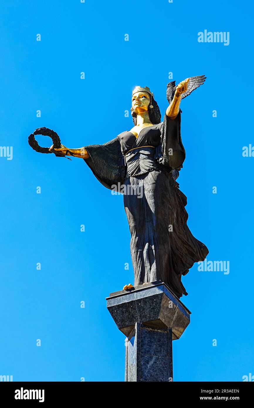 The Famous Golden Statue of St. Sofia in Sofia, Bulgaria. The statue