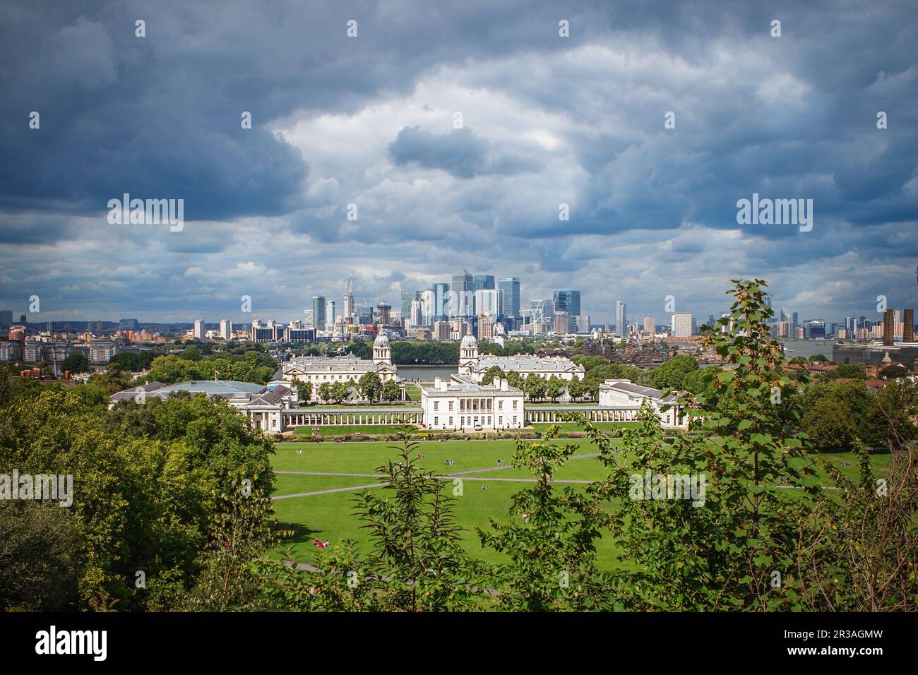 LONDON, UK - AUGUST 19, 2017 - London City skyline from Greenwich Observatory looking over the park, Stock Photo