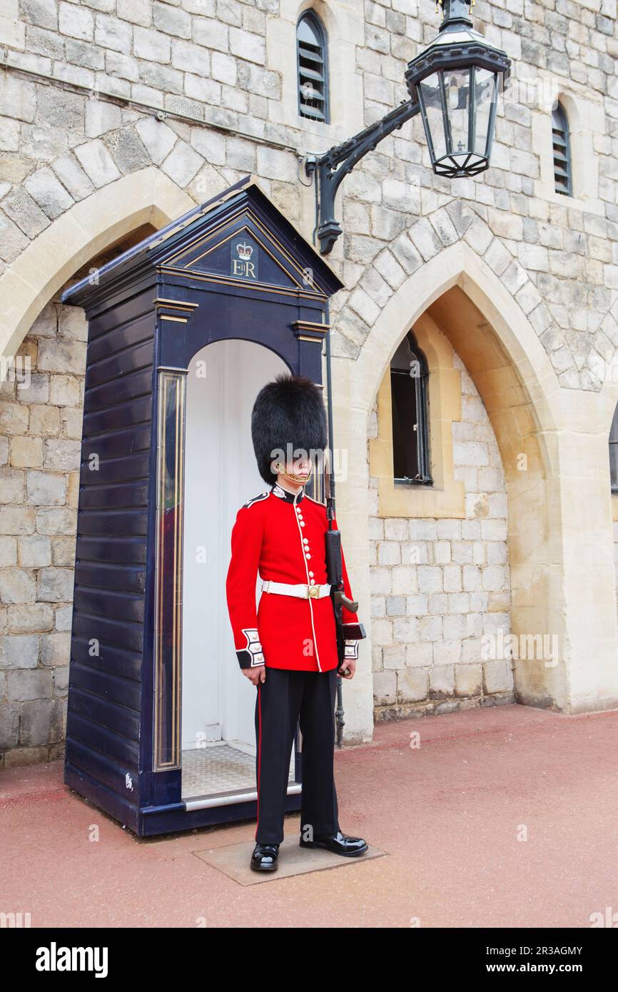 LONDON, UNITED KINGDOM - AUGUST 22, 2017 : Royal Guard at Windsor Castle, England. British Guards in Stock Photo