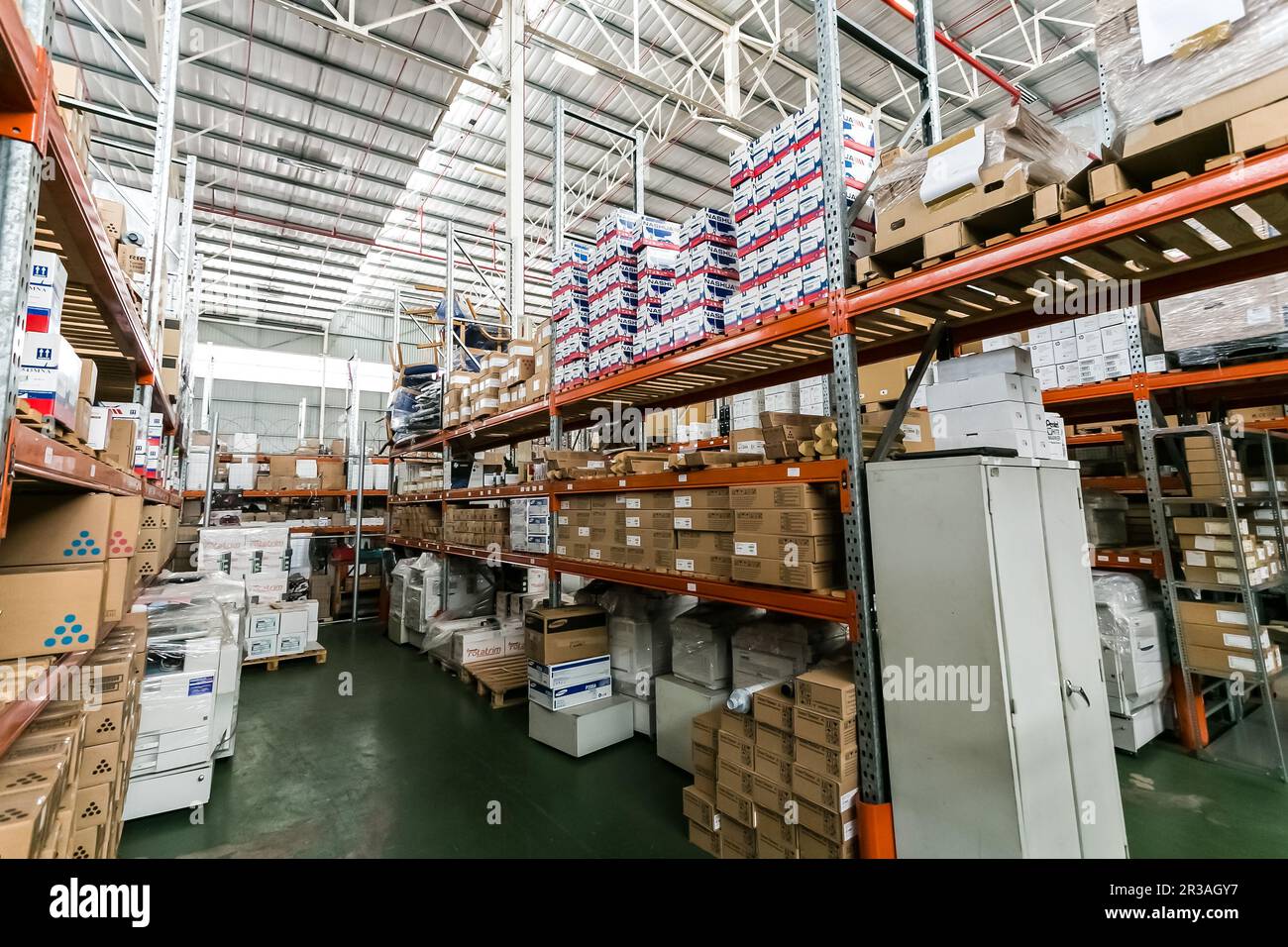 Storage Warehouse for photocopy machines and the ink and paper to go with them Stock Photo