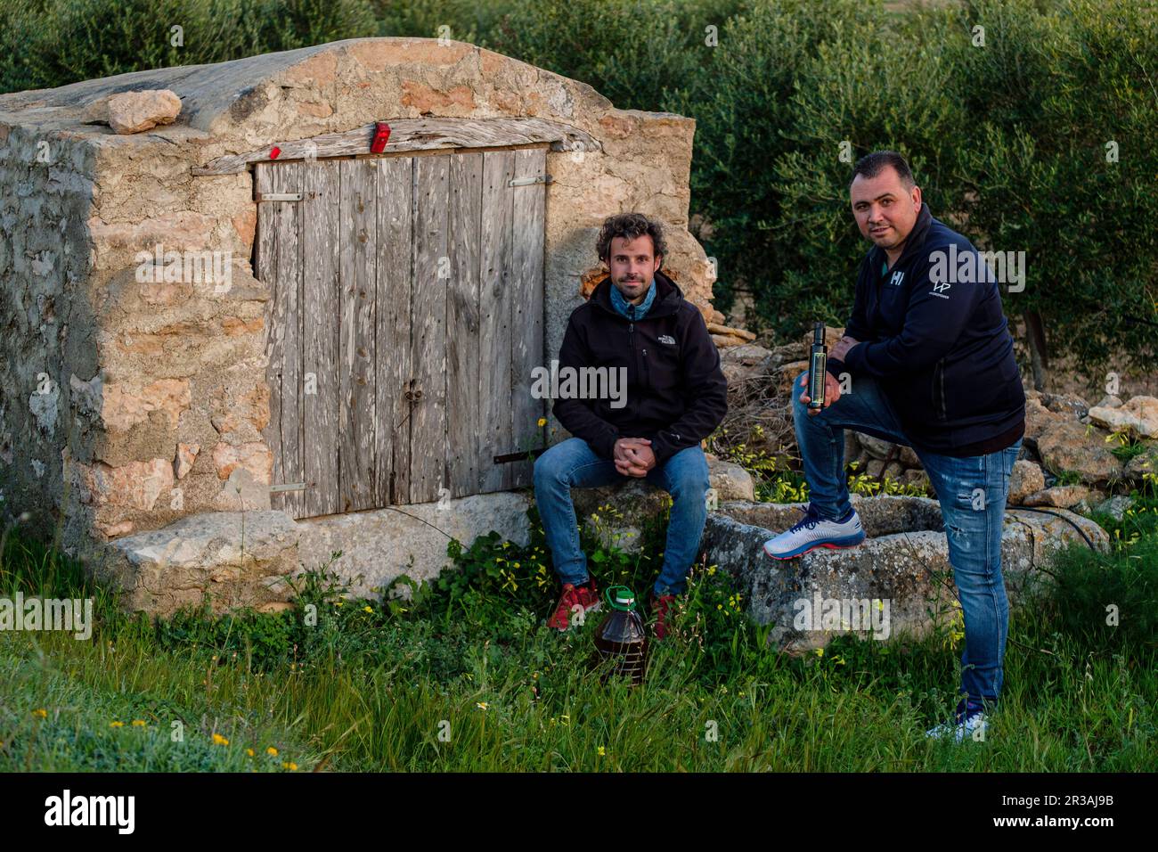 Mariano and Marcos Ribas, local oil producers, Formentera, Pitiusas Islands, Balearic Community, Spain. Stock Photo