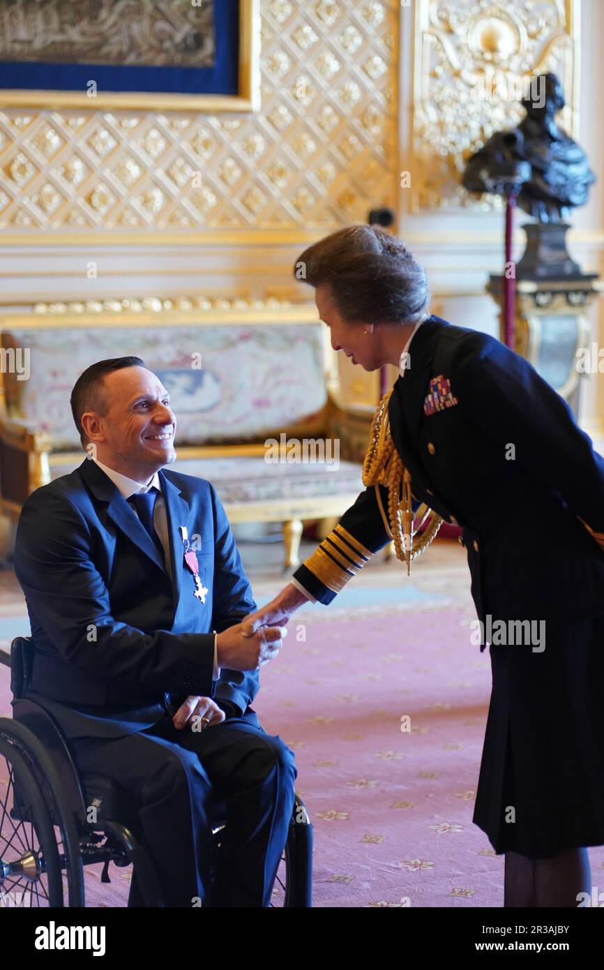 Mr. Ryan Cowling, from Matlock, is made a Member of the Order of the British Empire by the Princess Royal at Windsor Castle. The honour recognises services to wheelchair rugby. Picture date: Tuesday May 23, 2023. Stock Photo