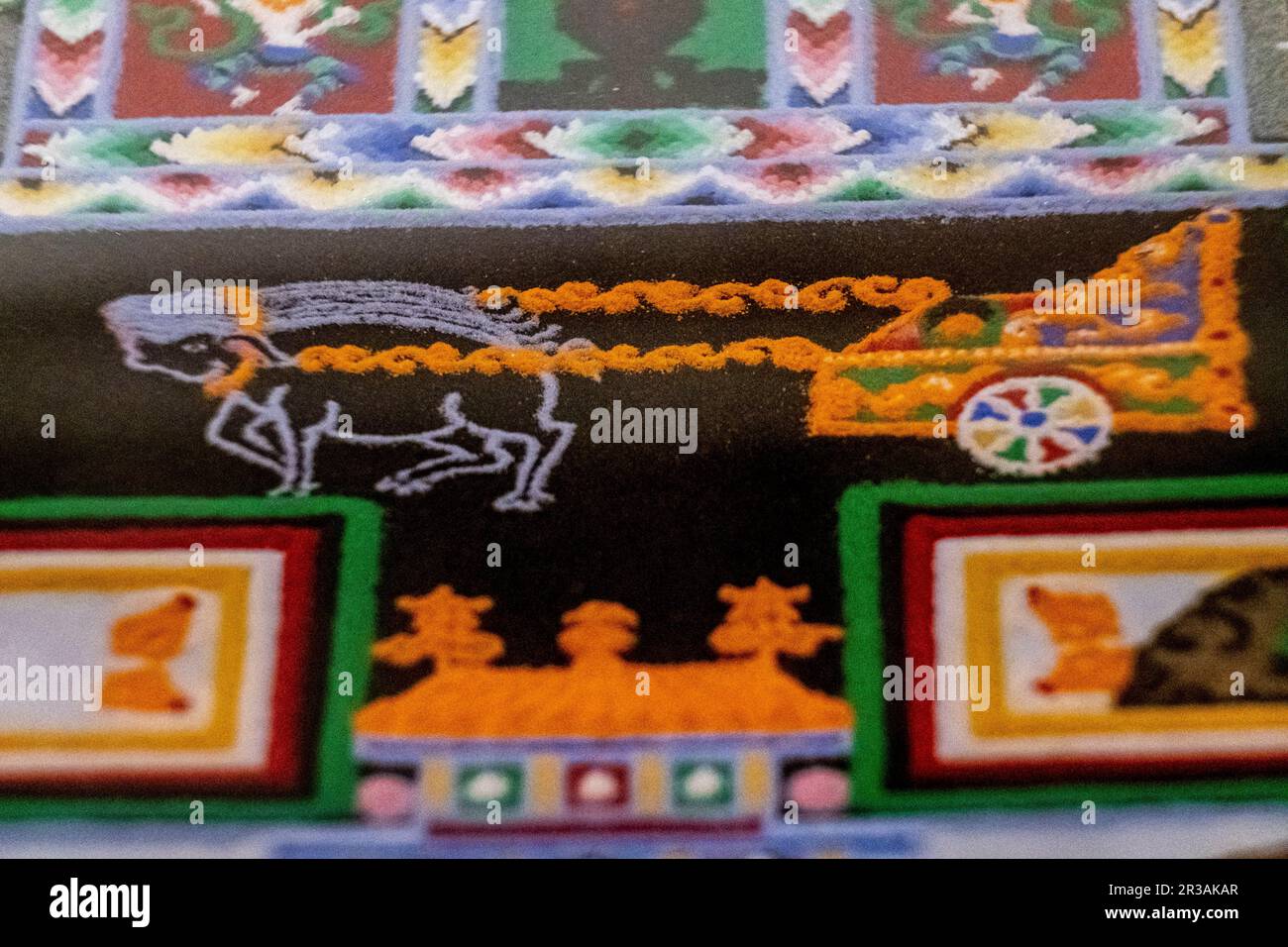 pig drawn cart, Kalachakcra buddhist mandala, Dalai Lama gift, pollensa museum, Majorca, Balearic Islands, Spain. Stock Photo