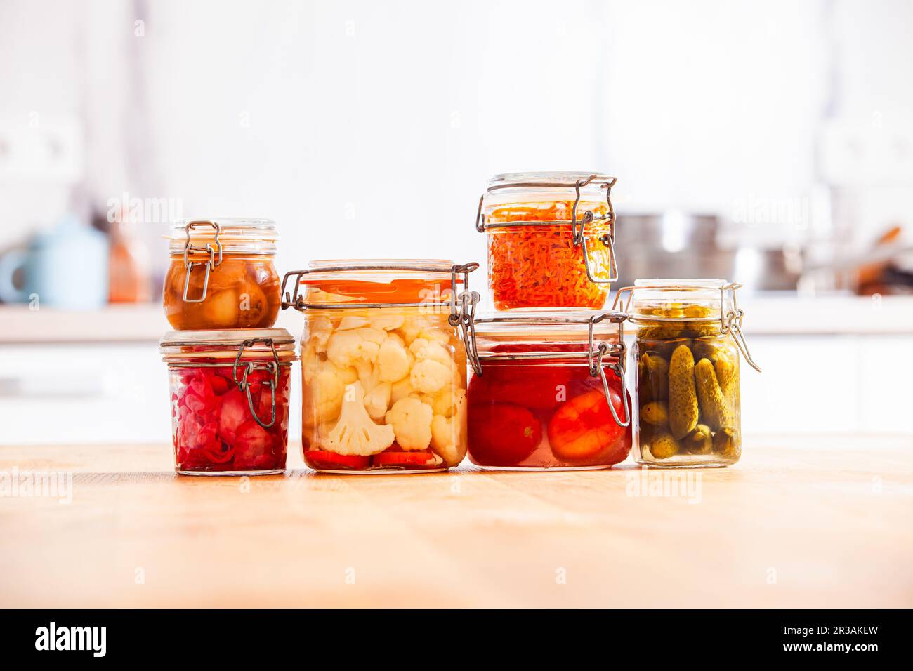 The jars of delicious homemade pickled vegetables Stock Photo