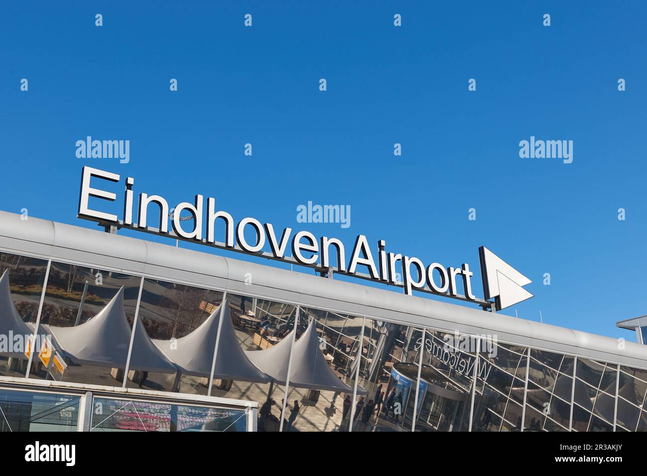 Eindhoven Airport sign on the terminal building Stock Photo