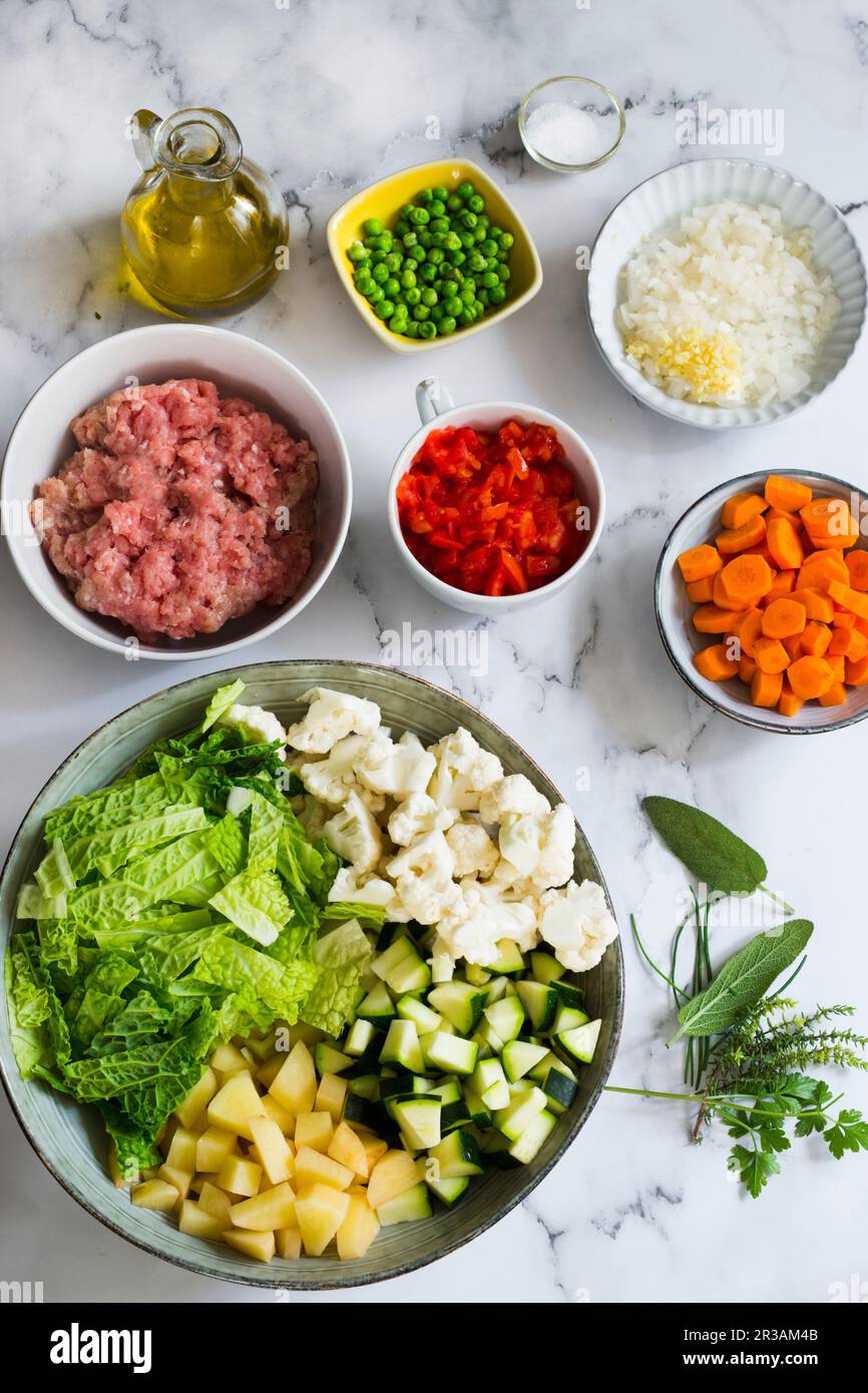 Ingredients for meat and vegetables soup Stock Photo