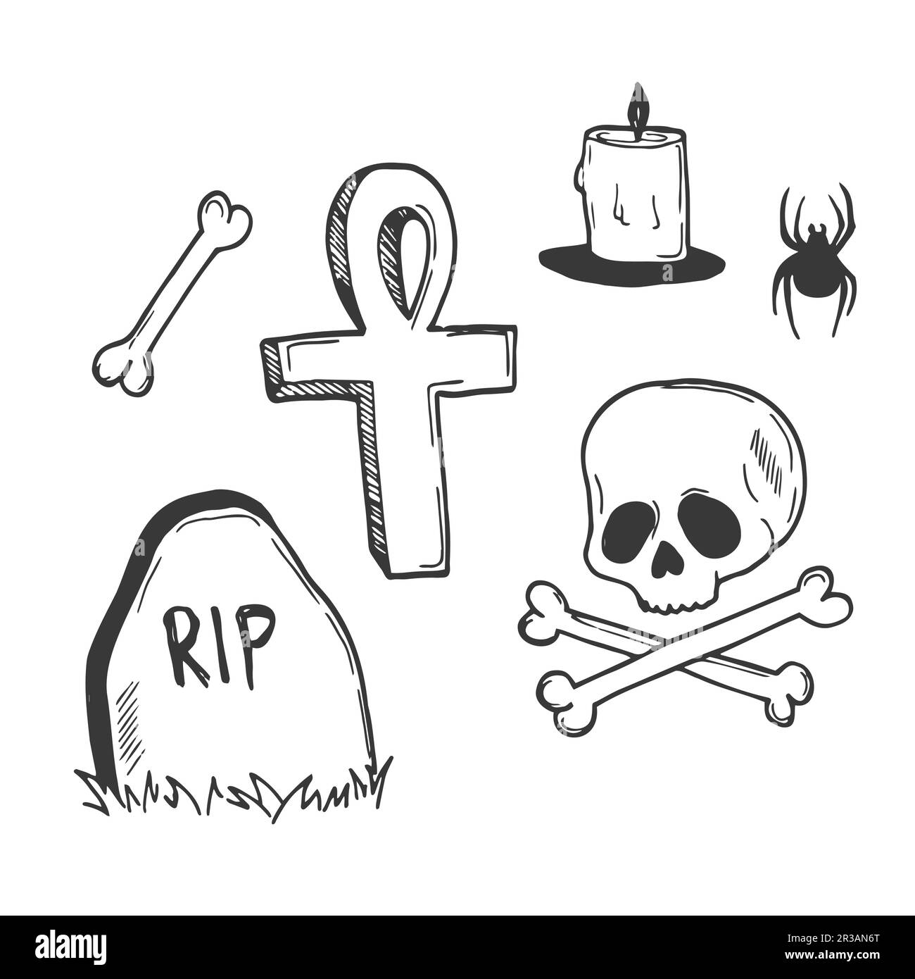Doodle headstone set, cross, skull and bones, death line art. Old Memorial Cemetery. Spirit Day. Funeral. Taking the souls of the dead. Vector hand dr Stock Vector