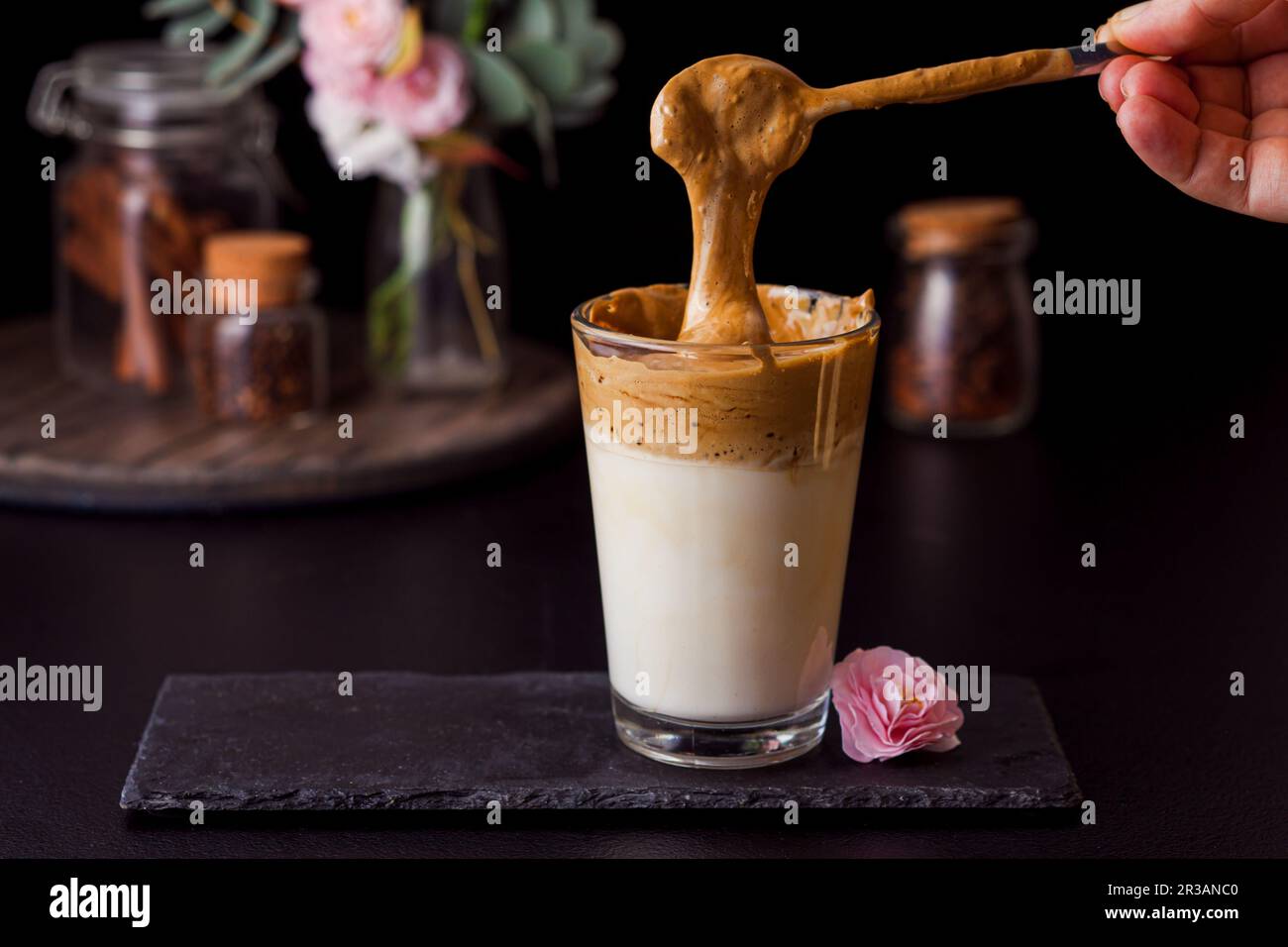 Fluffy instant coffee with cold milk in glass cup Stock Photo Alamy
