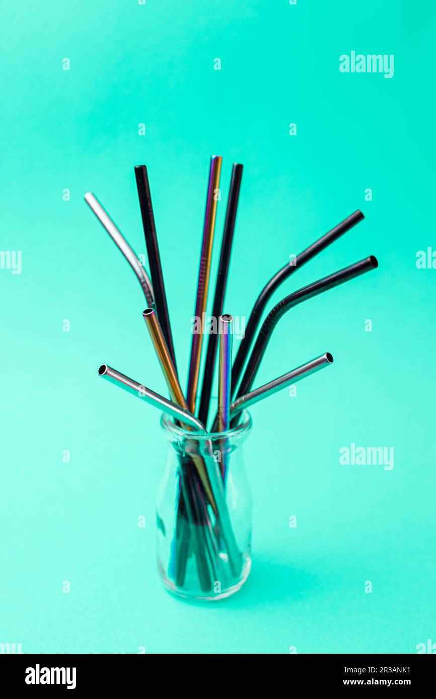Set of different cocktail straws made of metal Stock Photo
