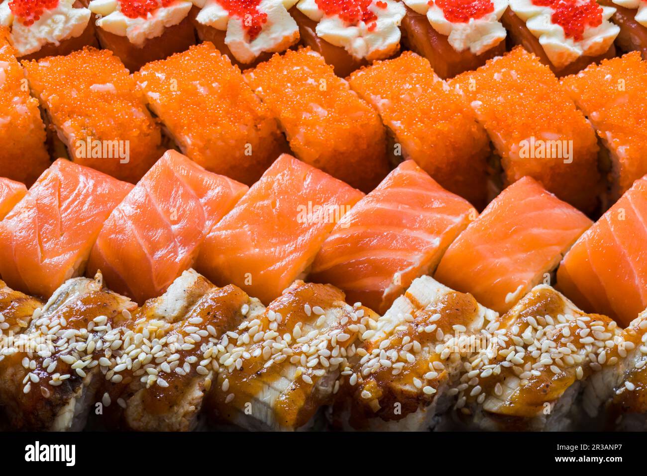 Different pieces of sushi are lined up for a good presentation Stock Photo