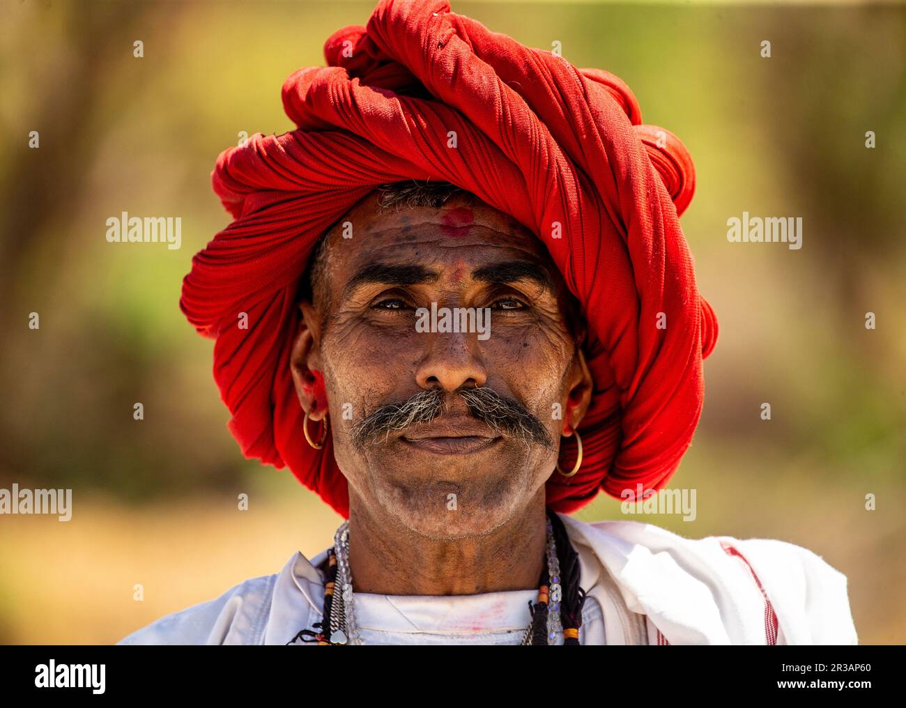 Portrait of a man of the Rabari ethnic group in a national headdress and traditional dress with national ornaments. Stock Photo