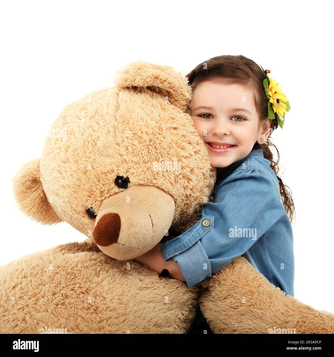 Little girl with big teddy bear having fun laughing Isolated on white ...
