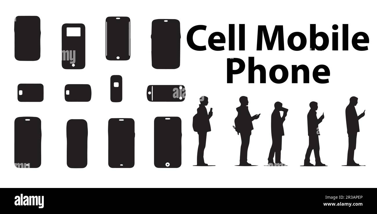 A black and white silhouette cellphone mobile vector set. Stock Vector