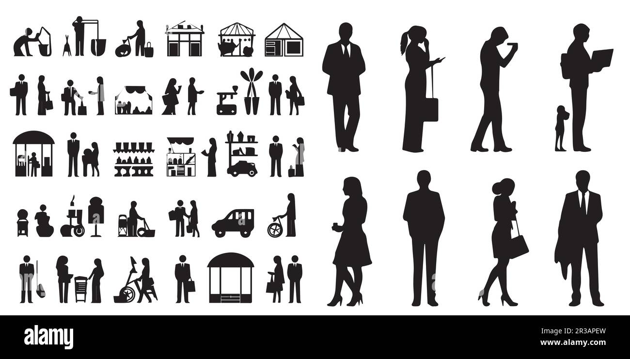 A collection of silhouettes of people and a store called the market