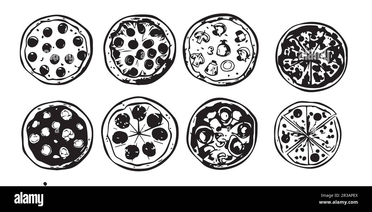 A black and white silhouette pizza vector set. Stock Vector