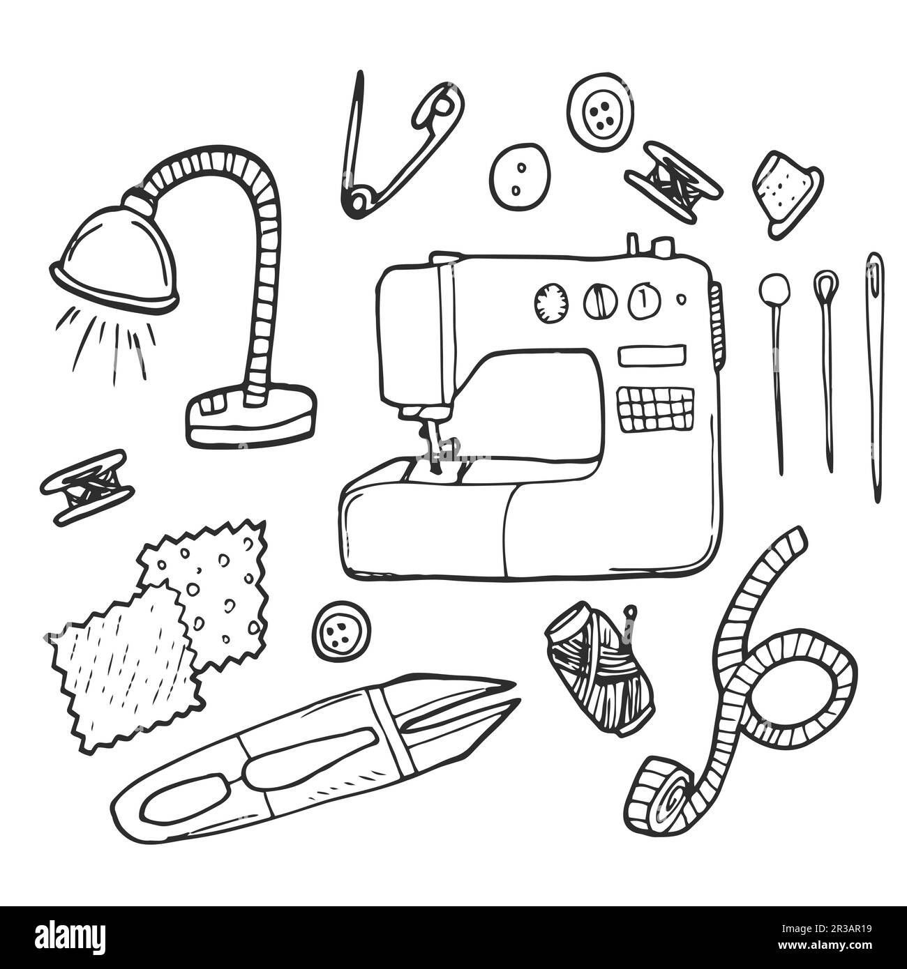 Vector graphic set of hand drawn sewing tools. Sewing kit illustration ...