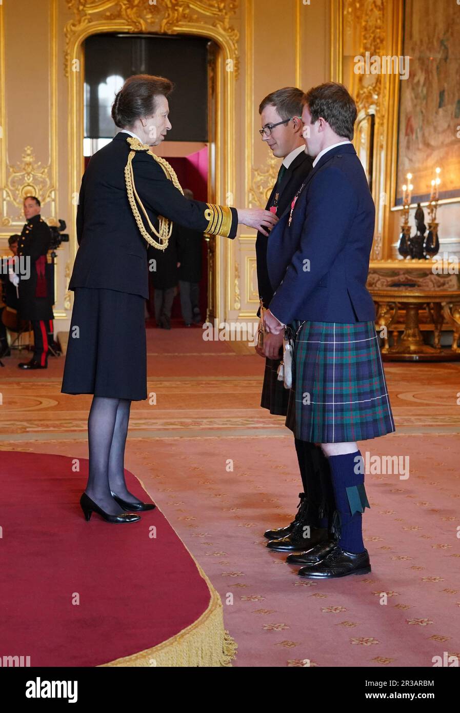 Mr. Andrew Simpson and Mr. Neil Simpson, Para Alpine Skier, from Banchory, are made Members of the Order of the British Empire by the Princess Royal at Windsor Castle. The honour recognises services to skiing. Picture date: Tuesday May 23, 2023. Stock Photo