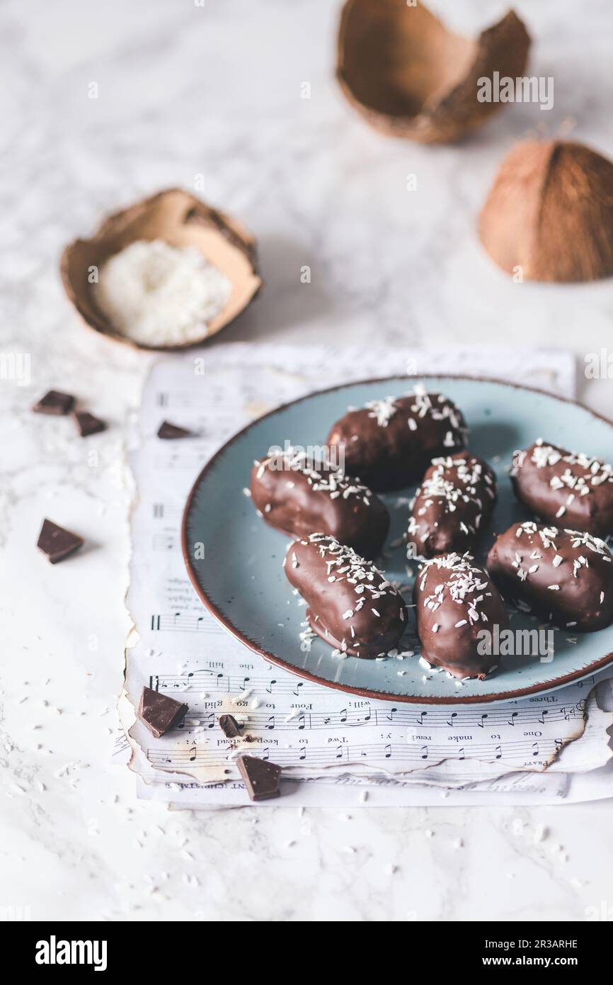 Vegan coconut bars with chocolat Stock Photo
