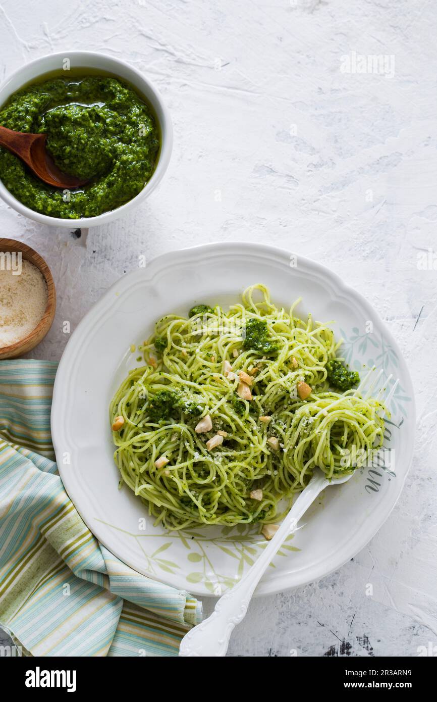 Spaghettini with kale and cashew pesto Stock Photo Alamy