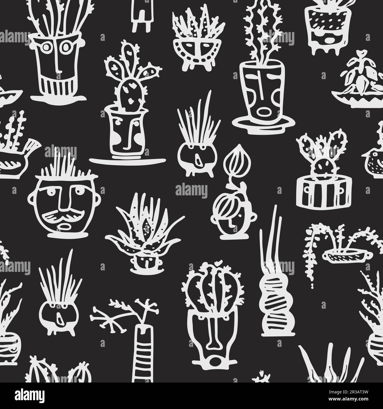 Seamless pattern White Ceramic pots with cactus comic faces. Different