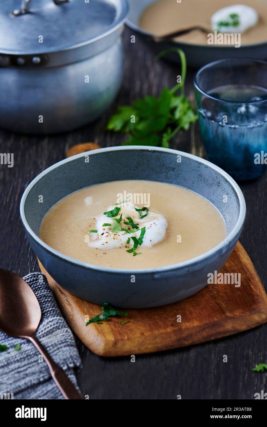 Chestnut soup with milk foam Stock Photo Alamy