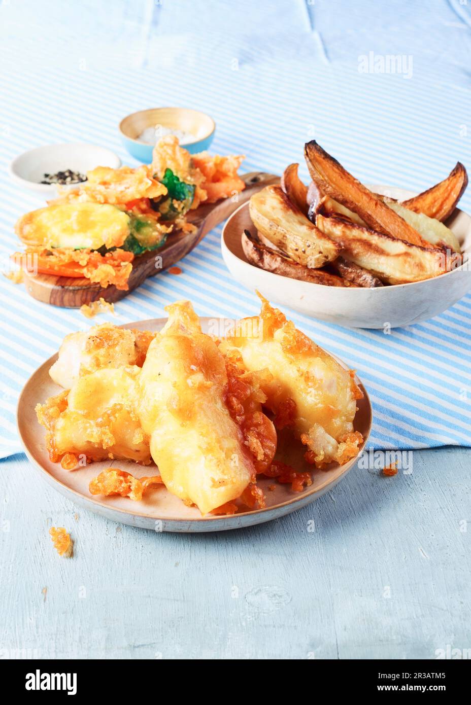 Proper fish and chips with tempura vegetables Stock Photo Alamy