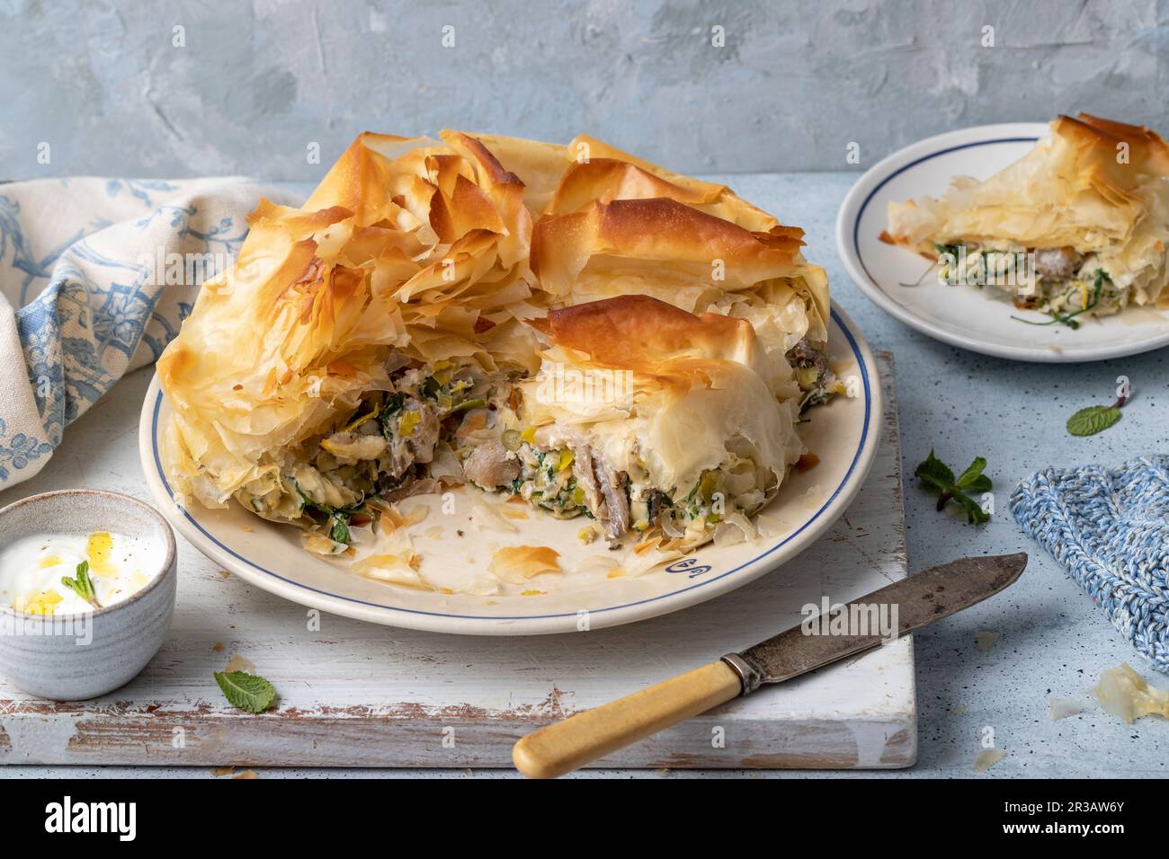 Filo tart with mushroom, leek, spinach and rocket, feta and ricotta