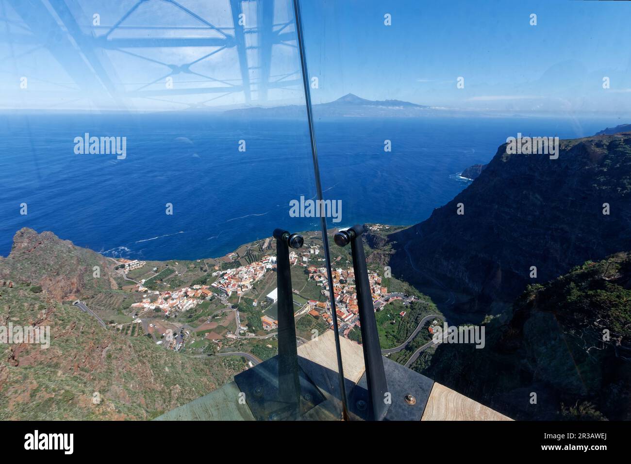 Mirador de Abrante on the cliff over the town of Agulo, La Gomera, with great views of the Atlantic and Tenerife. Stock Photo