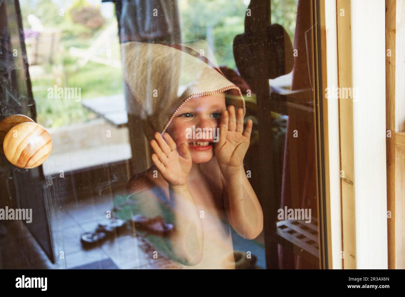 Little baby boy in hat in sauna Stock Photo Alamy