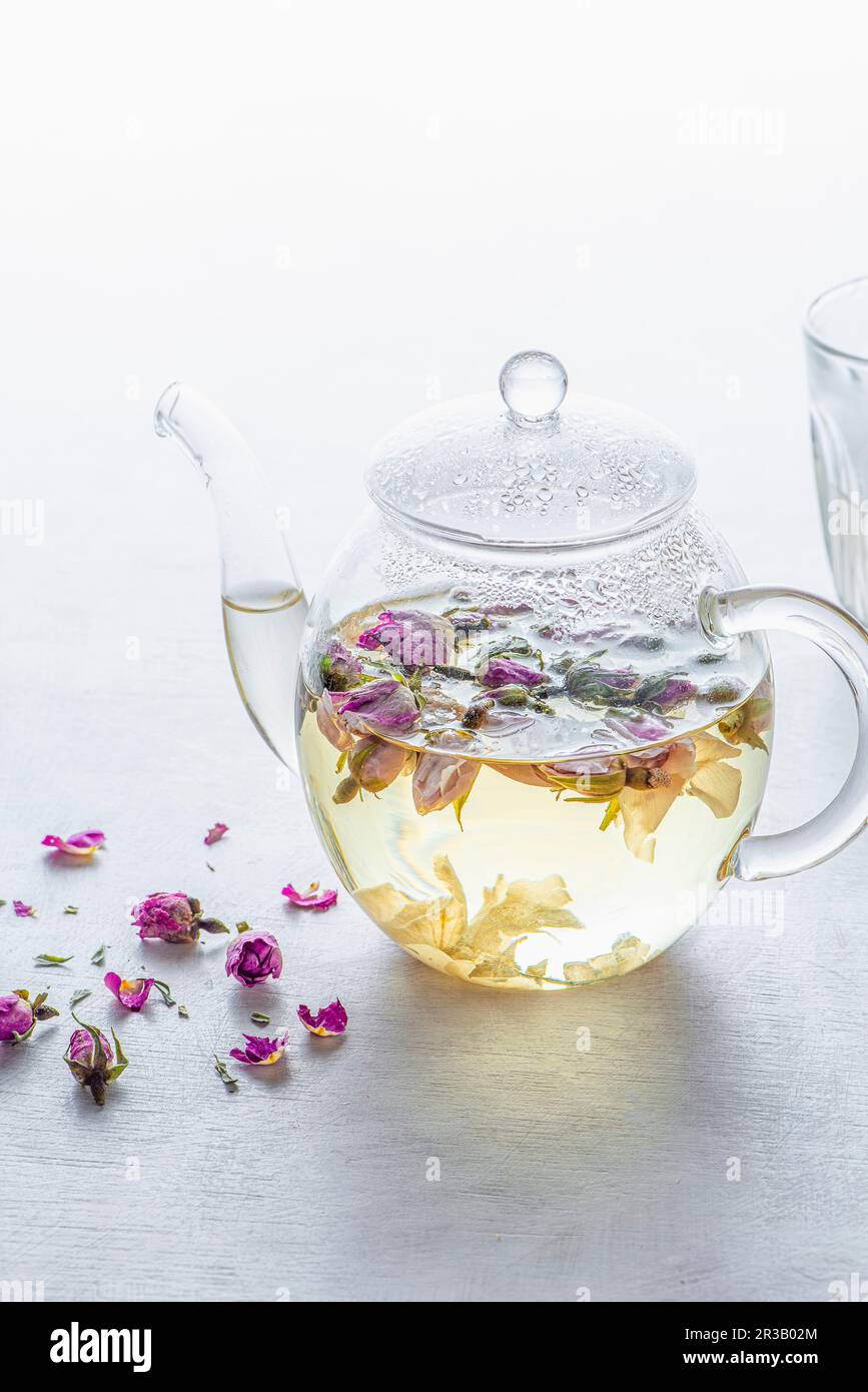 Freshly made tea from dried rose buds Stock Photo