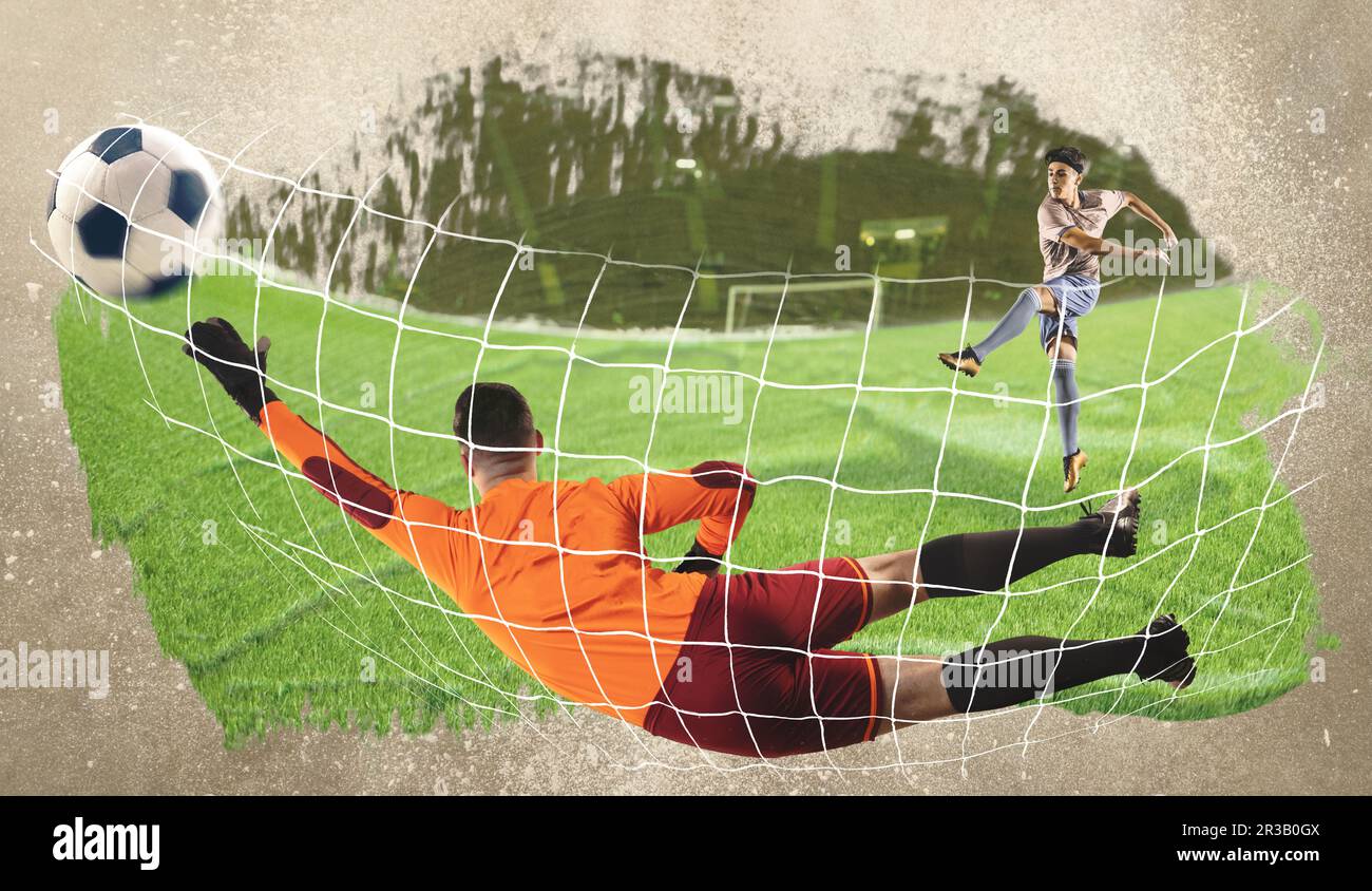 Dynamic art collage of professional soccer goalkeeper in sports uniform