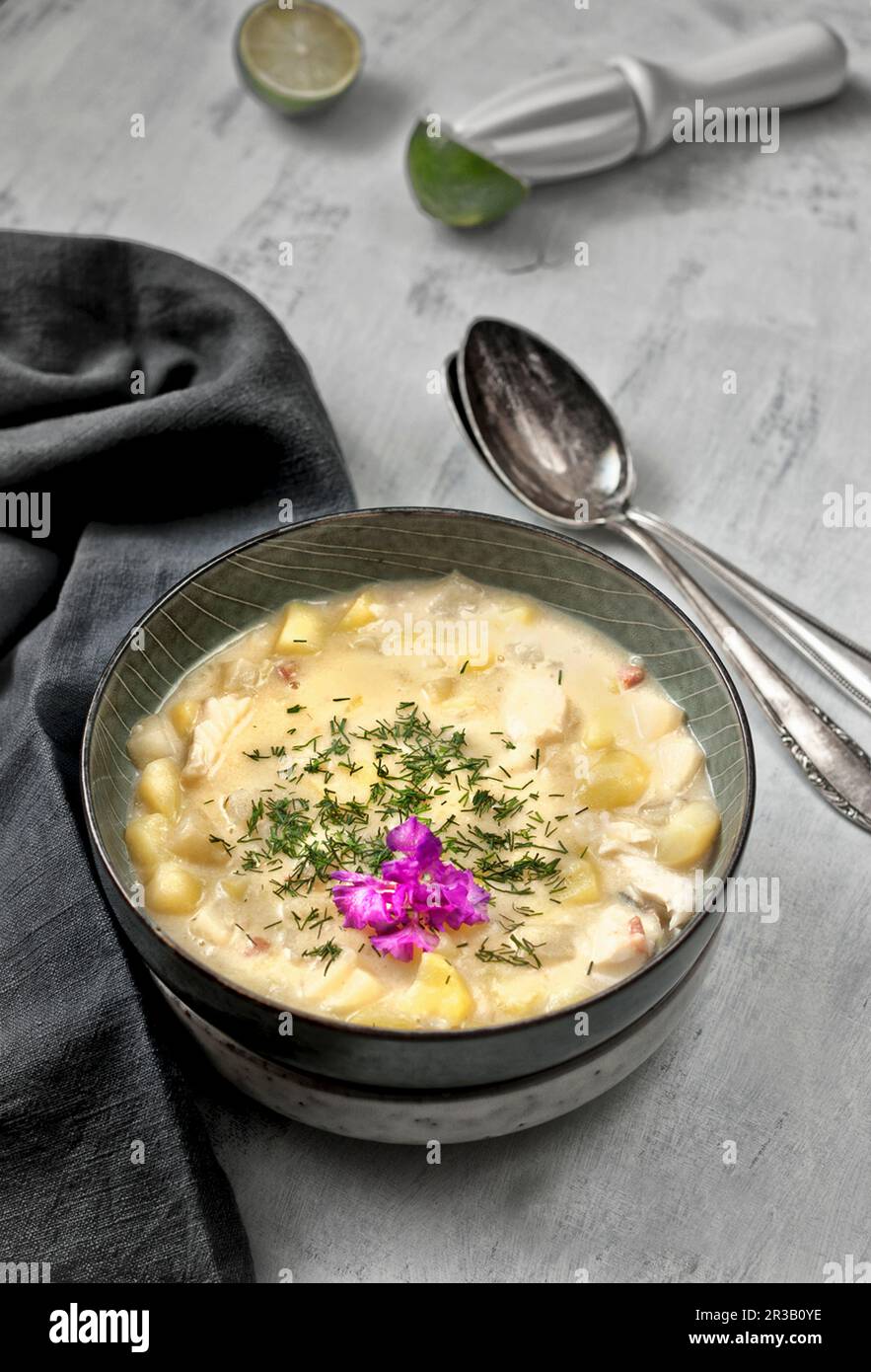Chowder with kohlrabi, potatoes and cod Stock Photo Alamy