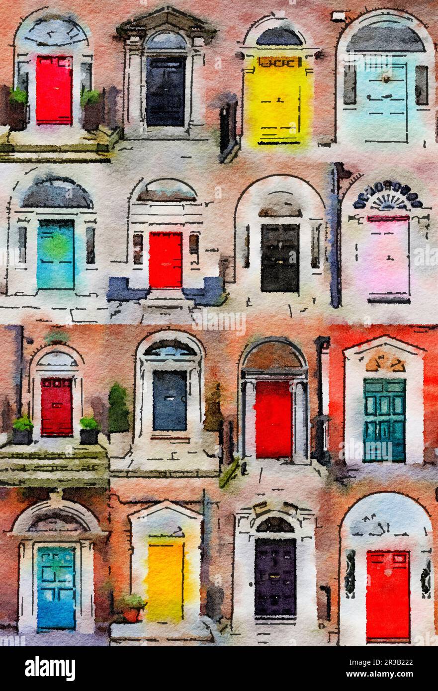 Watercolor illustration of 16 colourful front doors to houses and homes. Colorful collection of door Stock Photo