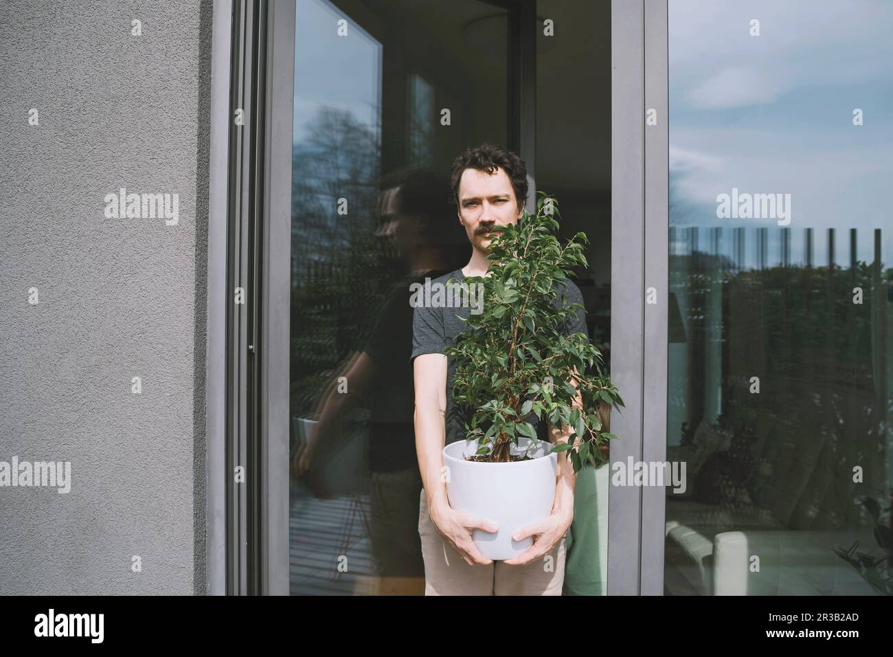 Man holding potted plant standing by glass door Stock Photo - Alamy