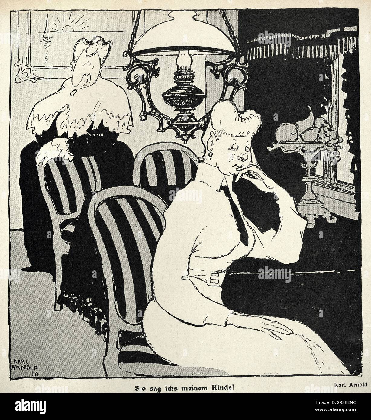 Vintage illustration, So SAG ichs meinem Kinde, caricature of two women by Karl Arnold, 1910s, Art Nouveau, Jugendstil Stock Photo
