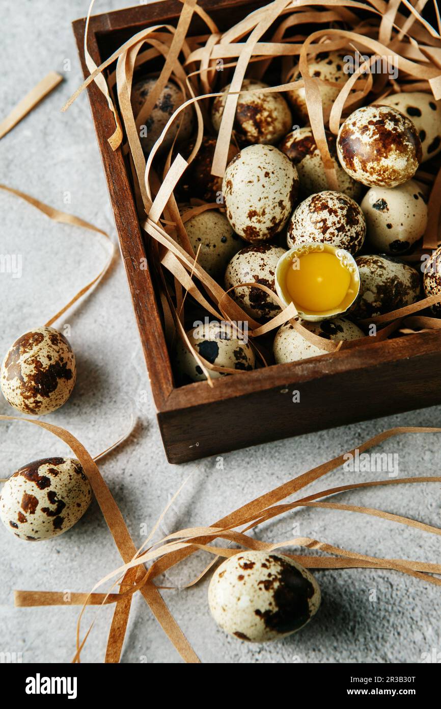 Quail eggs. Flat lay composition with small quail eggs in the wooden box on the concrete background. Stock Photo