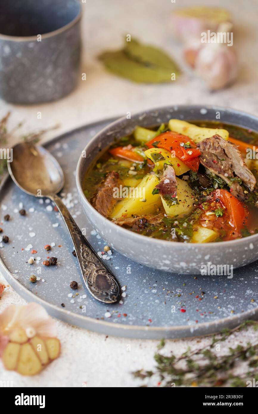 sherpa oriental soup with vegetables and lamb. Shurpa is a