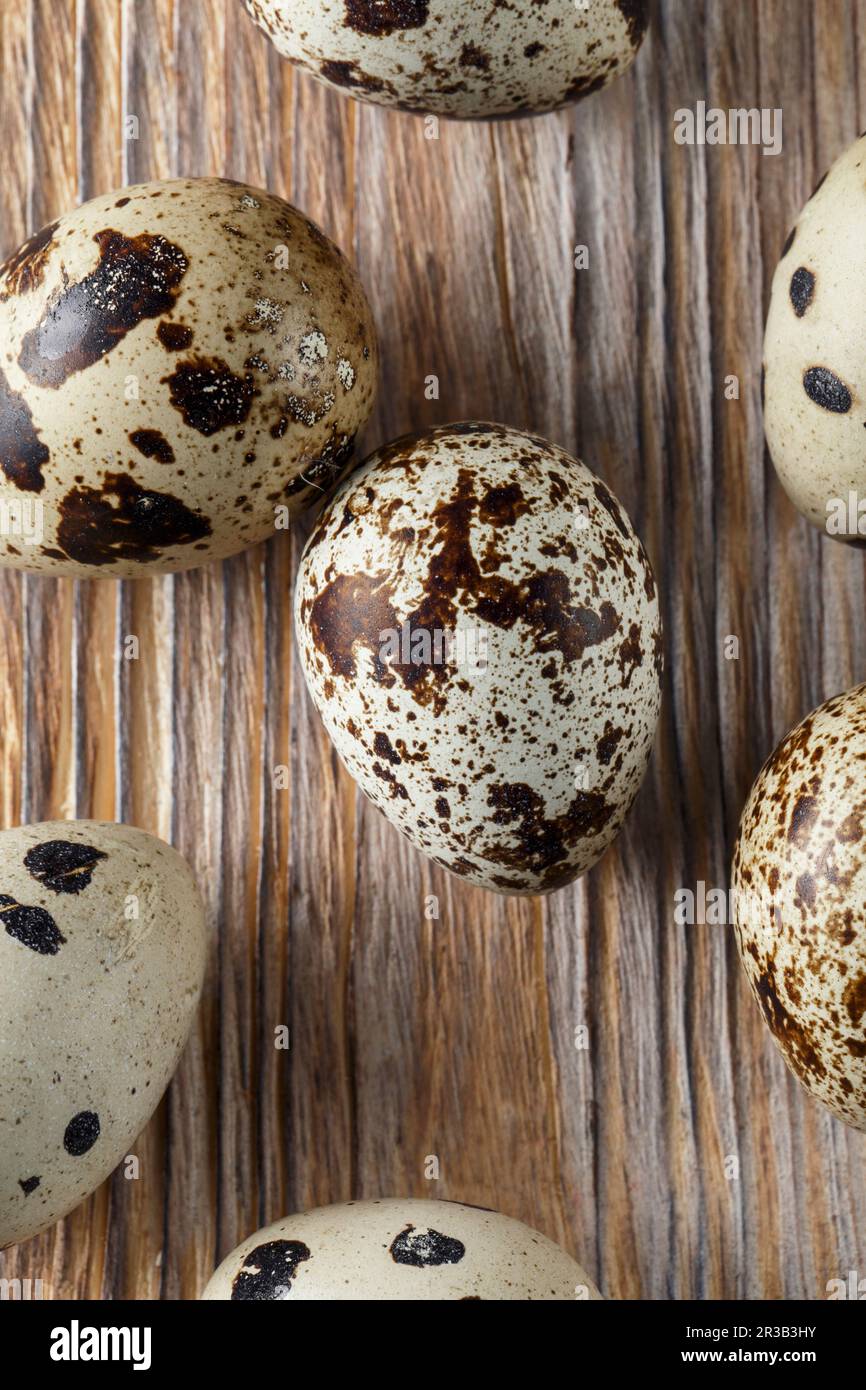 Quail eggs. Flat lay composition with small quail eggs on the natural wooden background. One broken Stock Photo