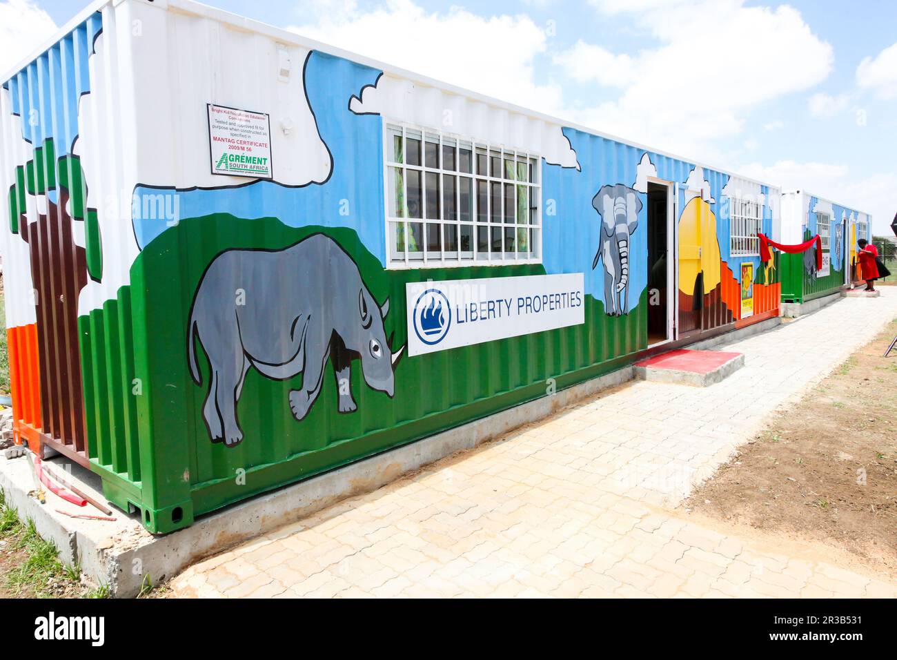 Exterior of Portable Preschool Classroom made from a shipping container Stock Photo