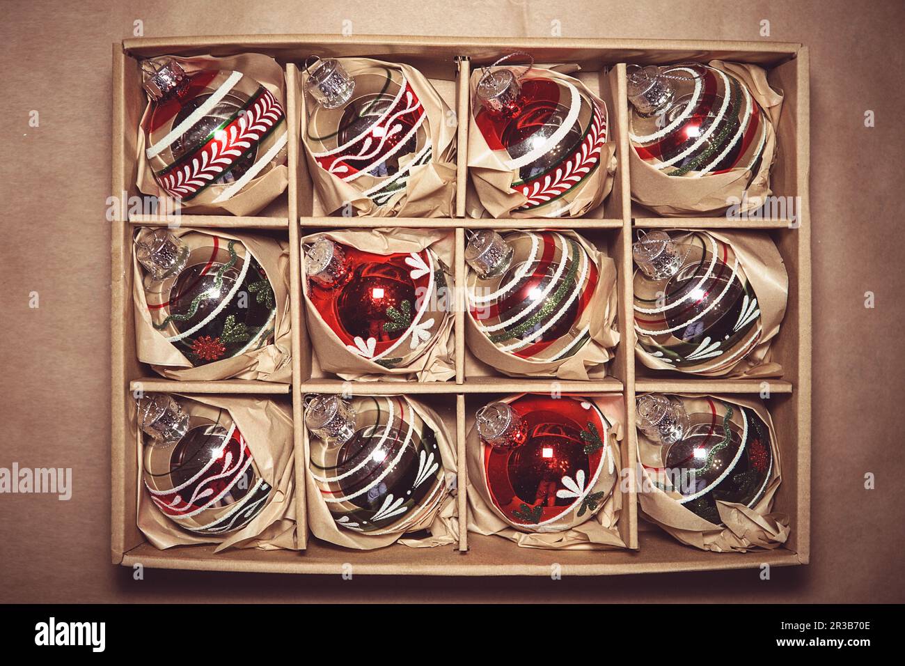 Big Set of Luxury Winterberry Glass Baubles. Retro styled image of vintage Christmas decoration in a Stock Photo