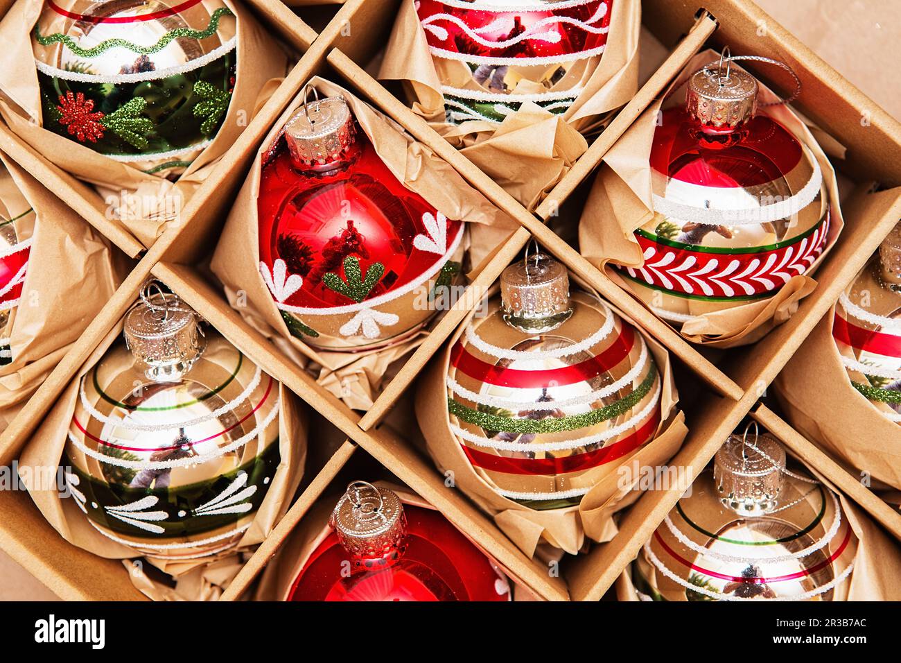 Big Set of Luxury Winterberry Glass Baubles. Retro styled image of vintage Christmas decoration in a Stock Photo