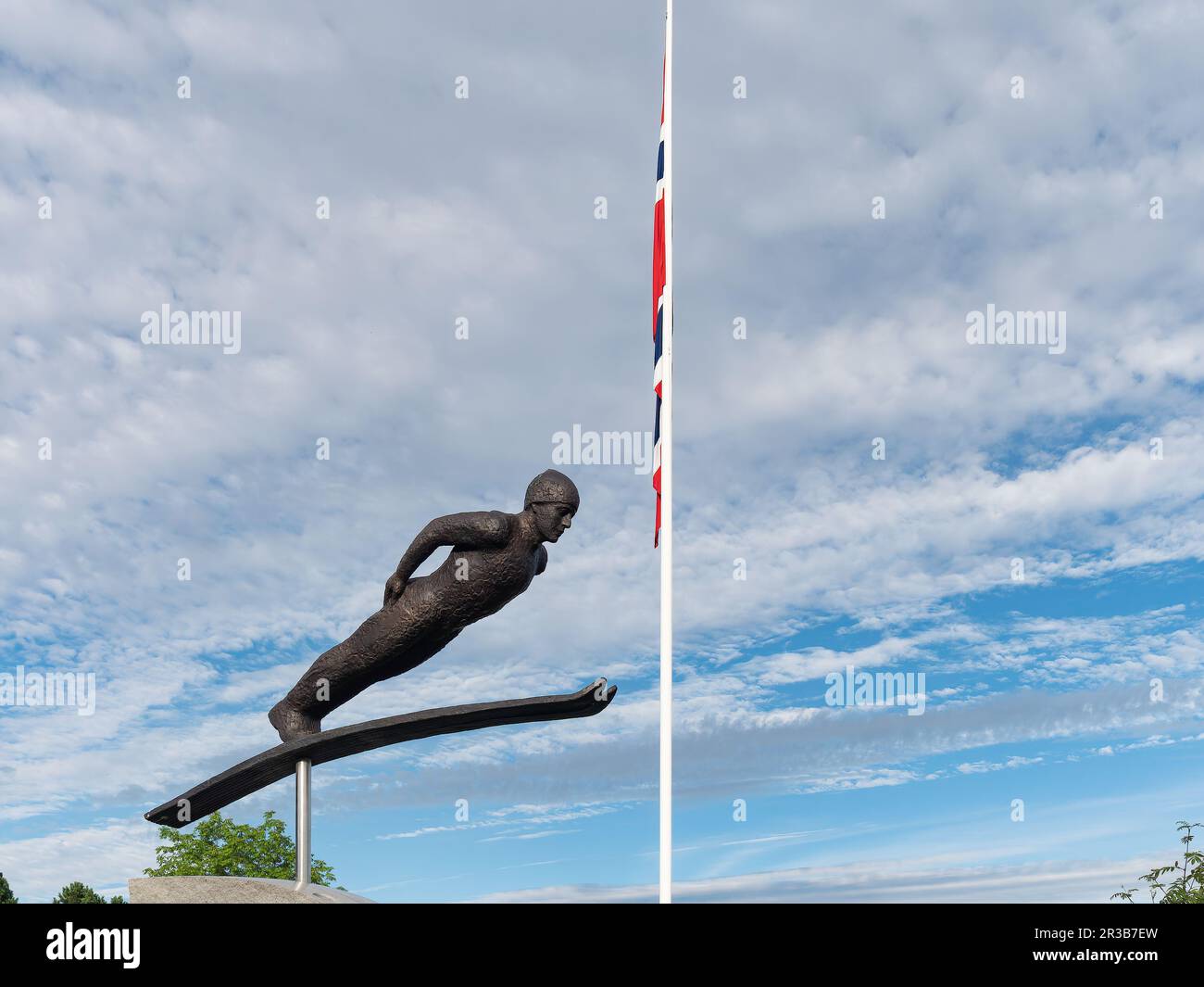 The Ski Jumper, a sculpture created by Nico Widerberg and donated to the people of Norway by Tandberg Eiendom. The sculpture is located at Frognersete Stock Photo