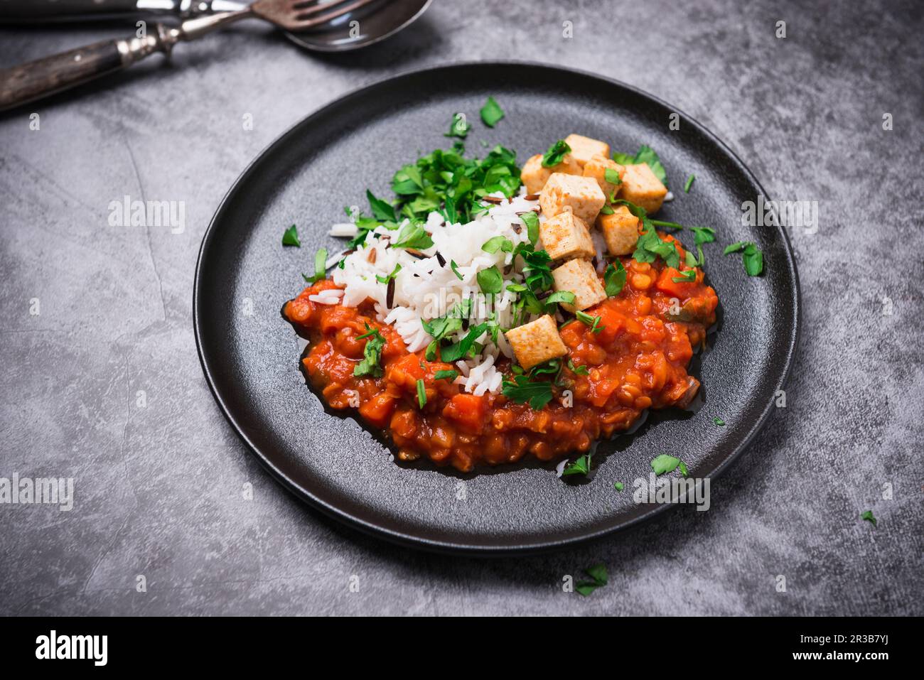 Vegan lentil and carrot bolognese with fried tofu and wild rice and basmati mixture Stock Photo